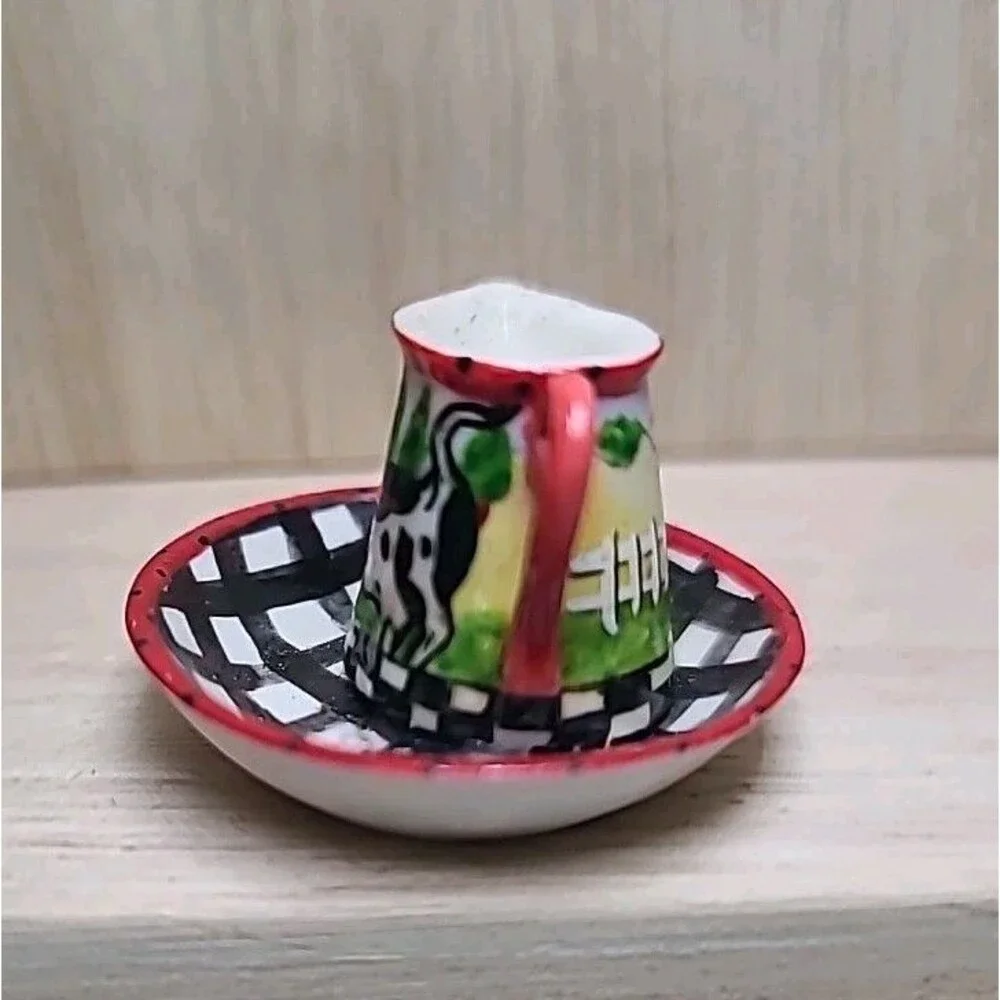 Vintage Miniature Cow Pitcher & Bowl Farmhouse Black White Checkered